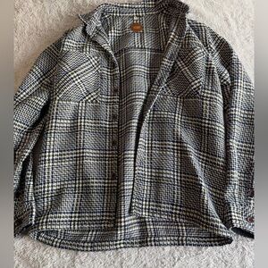 Checked Button-Up Shacket in Black, White & Cream